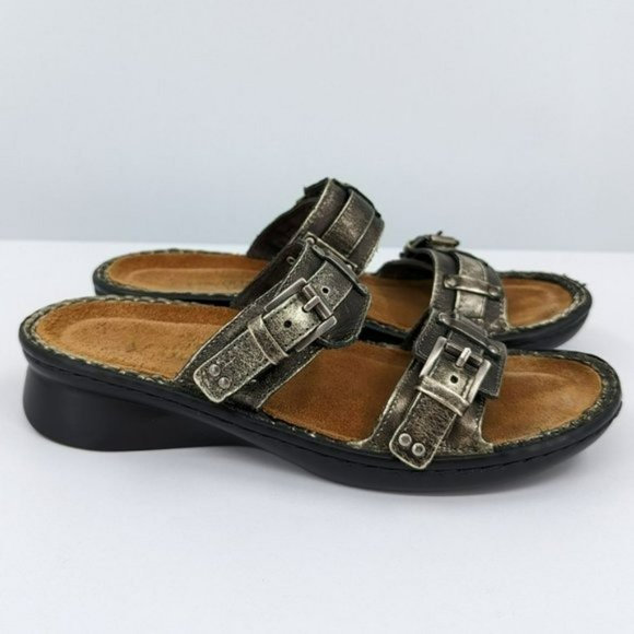 Naot Karaoke Wedge Sandal 37 6 Metallic Bronze Gold Strappy Side Buckle Open Toe - Picture 6 of 13